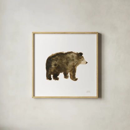 Woodland Whimsy Bear by Laura Marshall. Shown in a natural wood glass frame for a timeless modern aesthetic. Available as an archival giclee rolled canvas, fine art paper, or poster print. SKU 58880a.