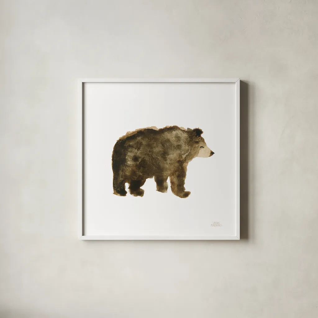 Woodland Whimsy Bear by Laura Marshall. Shown in a crisp white glass frame for a clean and minimalist style. Available as an archival giclee rolled canvas, fine art paper, or poster print. SKU 58880a.