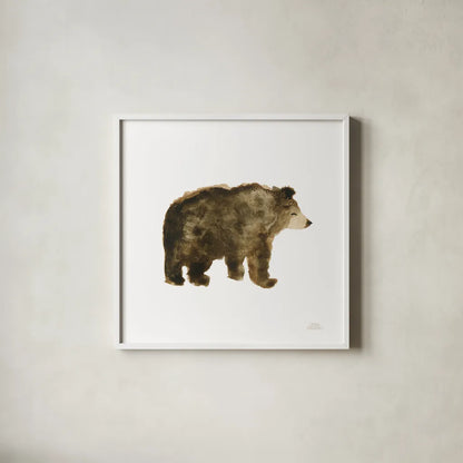 Woodland Whimsy Bear by Laura Marshall. Shown in a crisp white glass frame for a clean and minimalist style. Available as an archival giclee rolled canvas, fine art paper, or poster print. SKU 58880a.