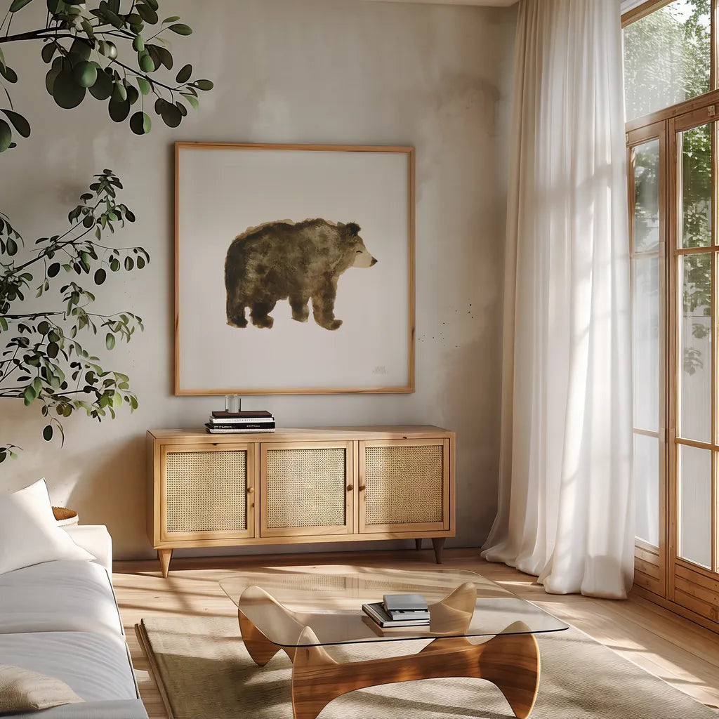 Woodland Whimsy Bear by Laura Marshall. Shown in a natural wood frame in a cozy modern living room. Available as an archival giclee rolled canvas, fine art paper, or poster print. SKU 58880a.