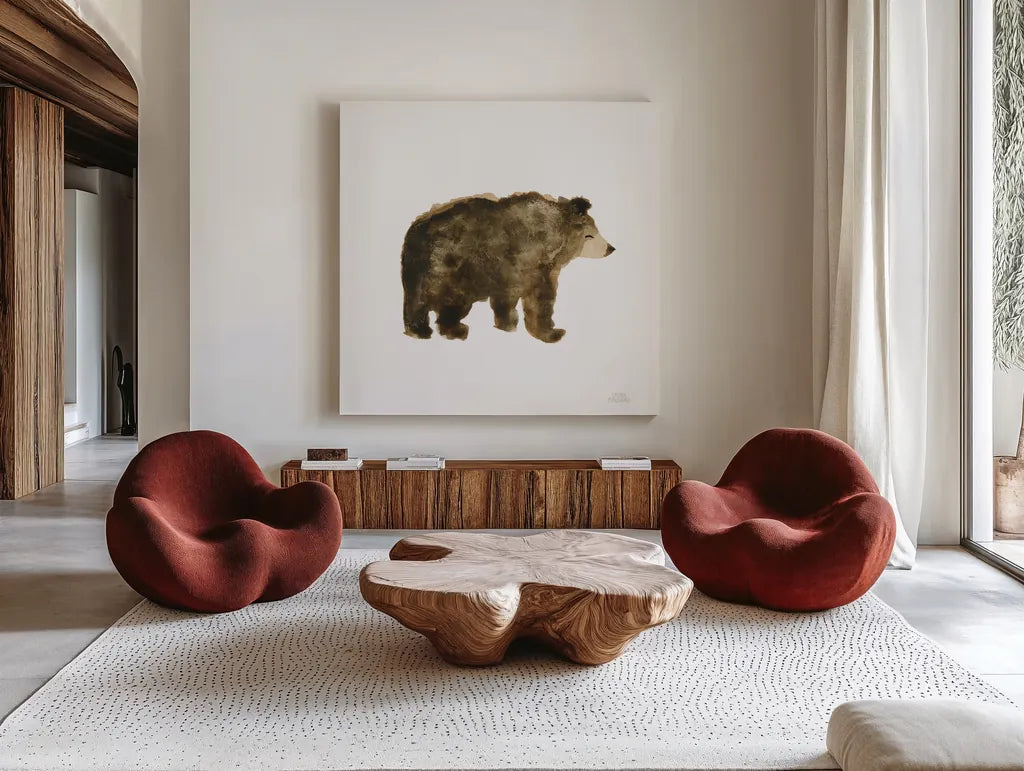 Woodland Whimsy Bear by Laura Marshall. Shown as extra-large giant wall art in a modern living room. Available as an archival giclee rolled canvas, fine art paper, or poster print. SKU 58880a.