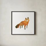 Woodland Whimsy Fox by Laura Marshall. Shown in a sleek black glass frame for a contemporary gallery look. Available as an archival giclee rolled canvas, fine art paper, or poster print. SKU 58881a.