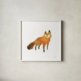 Woodland Whimsy Fox by Laura Marshall. Shown in a crisp white glass frame for a clean and minimalist style. Available as an archival giclee rolled canvas, fine art paper, or poster print. SKU 58881a.