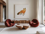 Woodland Whimsy Fox by Laura Marshall. Shown as extra-large giant wall art in a modern living room. Available as an archival giclee rolled canvas, fine art paper, or poster print. SKU 58881a.