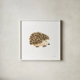 Woodland Whimsy Hedgehog by Laura Marshall. Shown in a crisp white glass frame for a clean and minimalist style. Available as an archival giclee rolled canvas, fine art paper, or poster print. SKU 58882a.