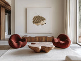 Woodland Whimsy Hedgehog by Laura Marshall. Shown as extra-large giant wall art in a modern living room. Available as an archival giclee rolled canvas, fine art paper, or poster print. SKU 58882a.