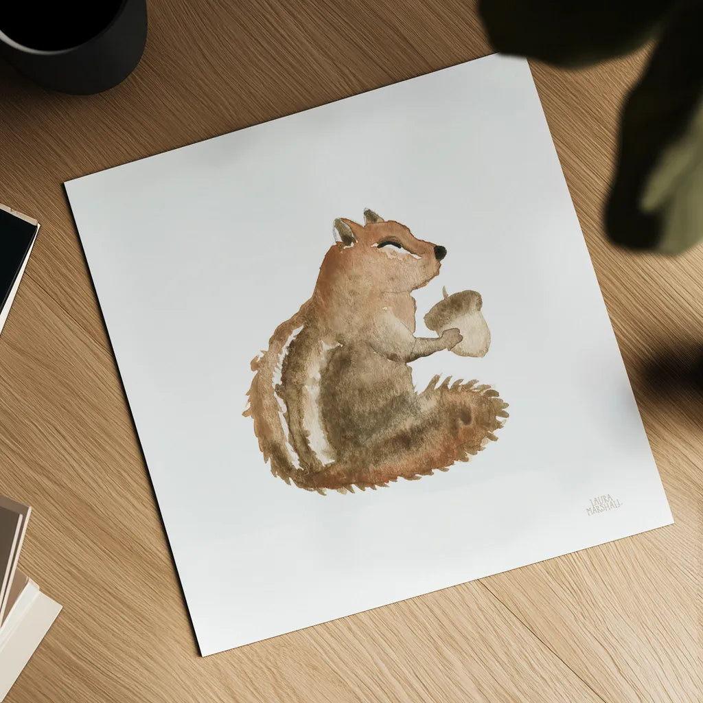 Woodland Whimsy Squirrel by Laura Marshall. Shown as a detailed flat fine art print, highlighting archival giclee quality. Available as an archival giclee rolled canvas, fine art paper, or poster print. SKU 58879a.