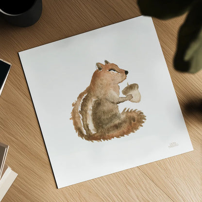 Woodland Whimsy Squirrel by Laura Marshall. Shown as a detailed flat fine art print, highlighting archival giclee quality. Available as an archival giclee rolled canvas, fine art paper, or poster print. SKU 58879a.