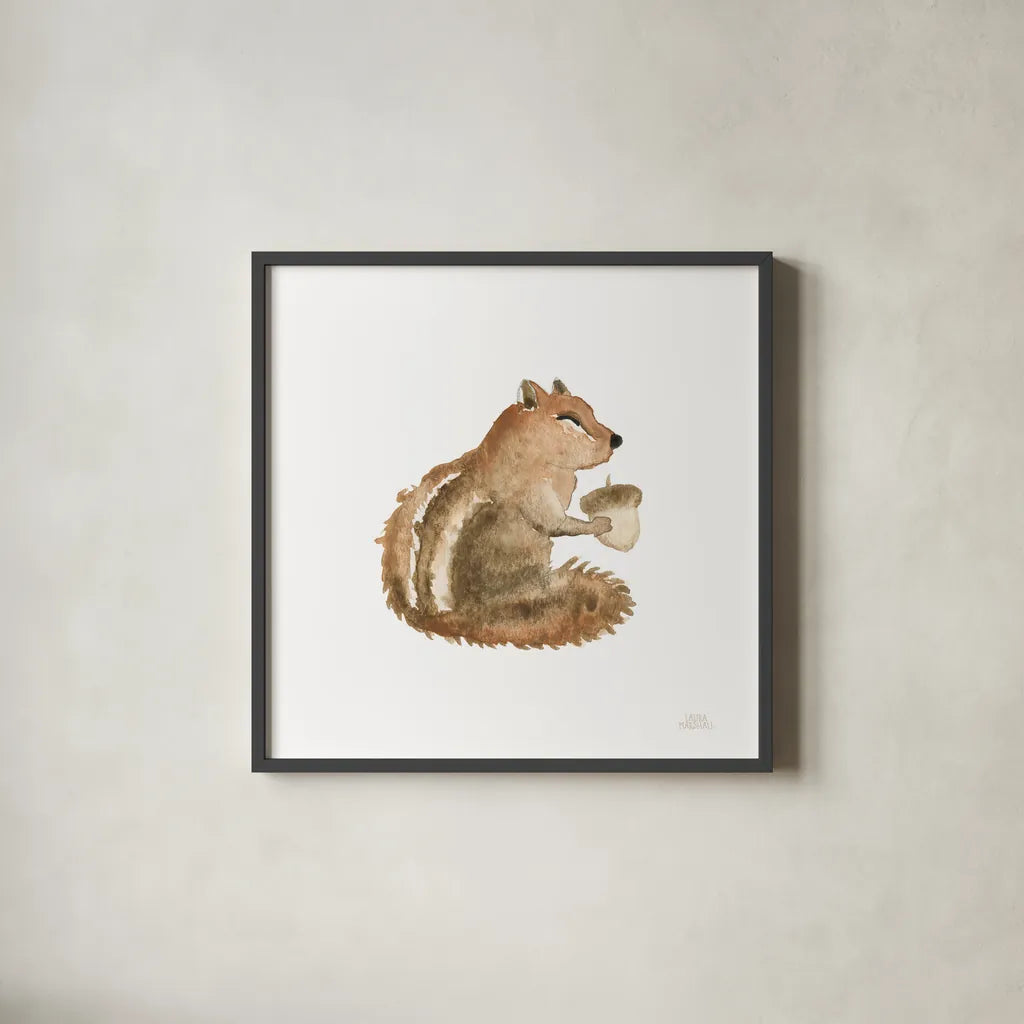 Woodland Whimsy Squirrel by Laura Marshall. Shown in a sleek black glass frame for a contemporary gallery look. Available as an archival giclee rolled canvas, fine art paper, or poster print. SKU 58879a.