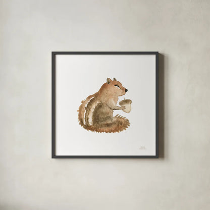 Woodland Whimsy Squirrel by Laura Marshall. Shown in a sleek black glass frame for a contemporary gallery look. Available as an archival giclee rolled canvas, fine art paper, or poster print. SKU 58879a.