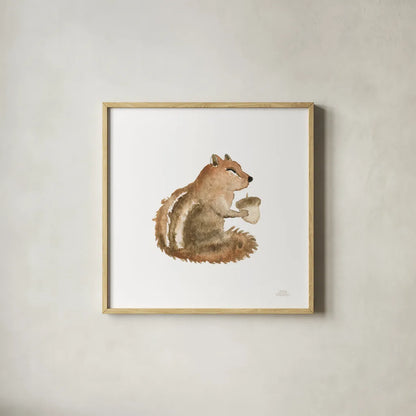 Woodland Whimsy Squirrel by Laura Marshall. Shown in a natural wood glass frame for a timeless modern aesthetic. Available as an archival giclee rolled canvas, fine art paper, or poster print. SKU 58879a.