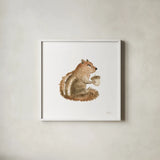 Woodland Whimsy Squirrel by Laura Marshall. Shown in a crisp white glass frame for a clean and minimalist style. Available as an archival giclee rolled canvas, fine art paper, or poster print. SKU 58879a.