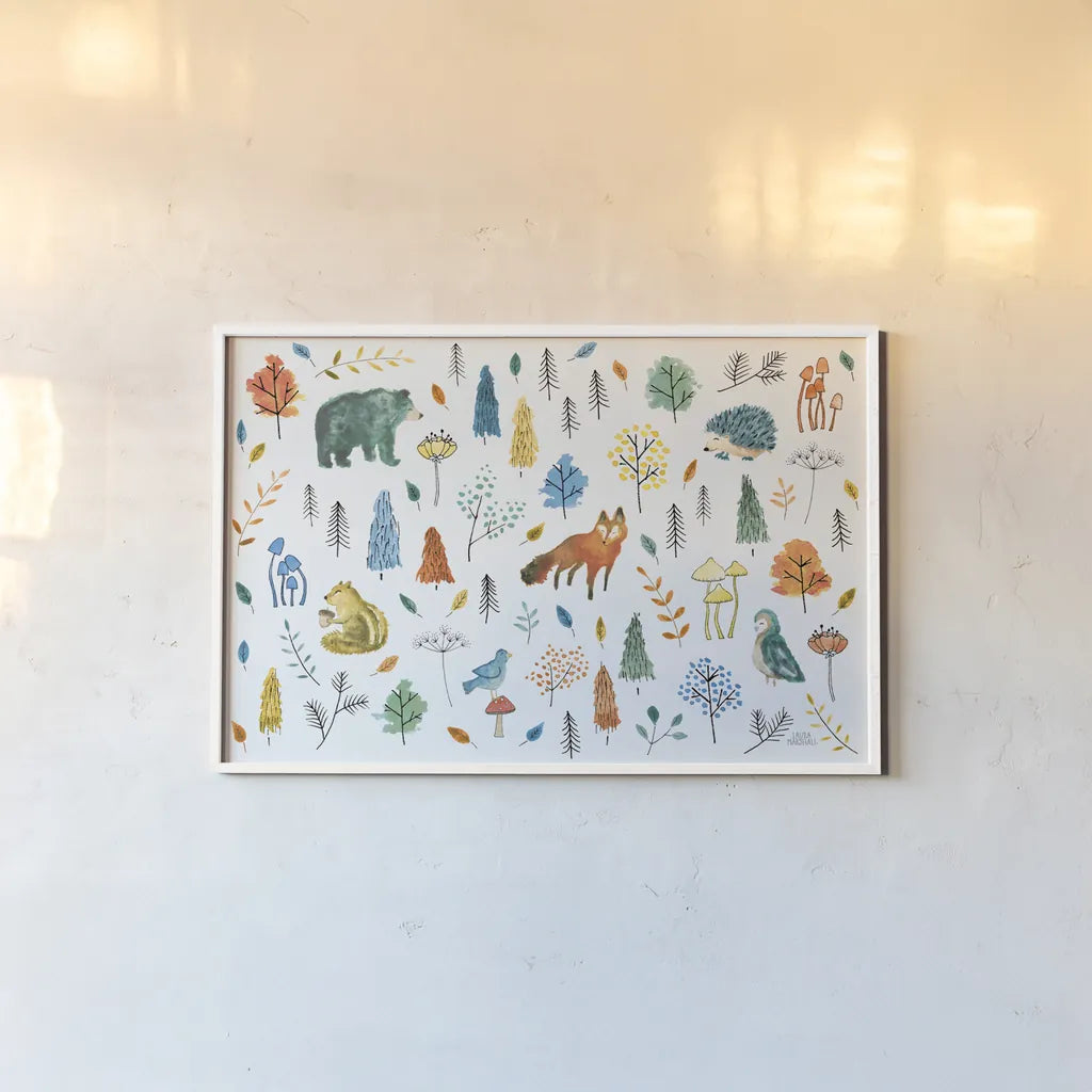 Woodland Whimsy XI Bright by Laura Marshall. shown as a paper print in a white frame. Available as a archival giclee rolled canvas, fine art paper, or poster print. SKU 58804i.