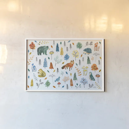 Woodland Whimsy XI Bright by Laura Marshall. shown as a paper print in a white frame. Available as a archival giclee rolled canvas, fine art paper, or poster print. SKU 58804i.