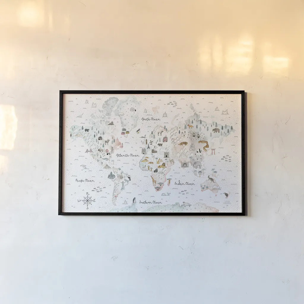 World Traveler I Dot BG by Laura Marshall. shown as a paper print in a black flame. Available as a archival giclee rolled canvas, fine art paper, or poster print. SKU 50553i.