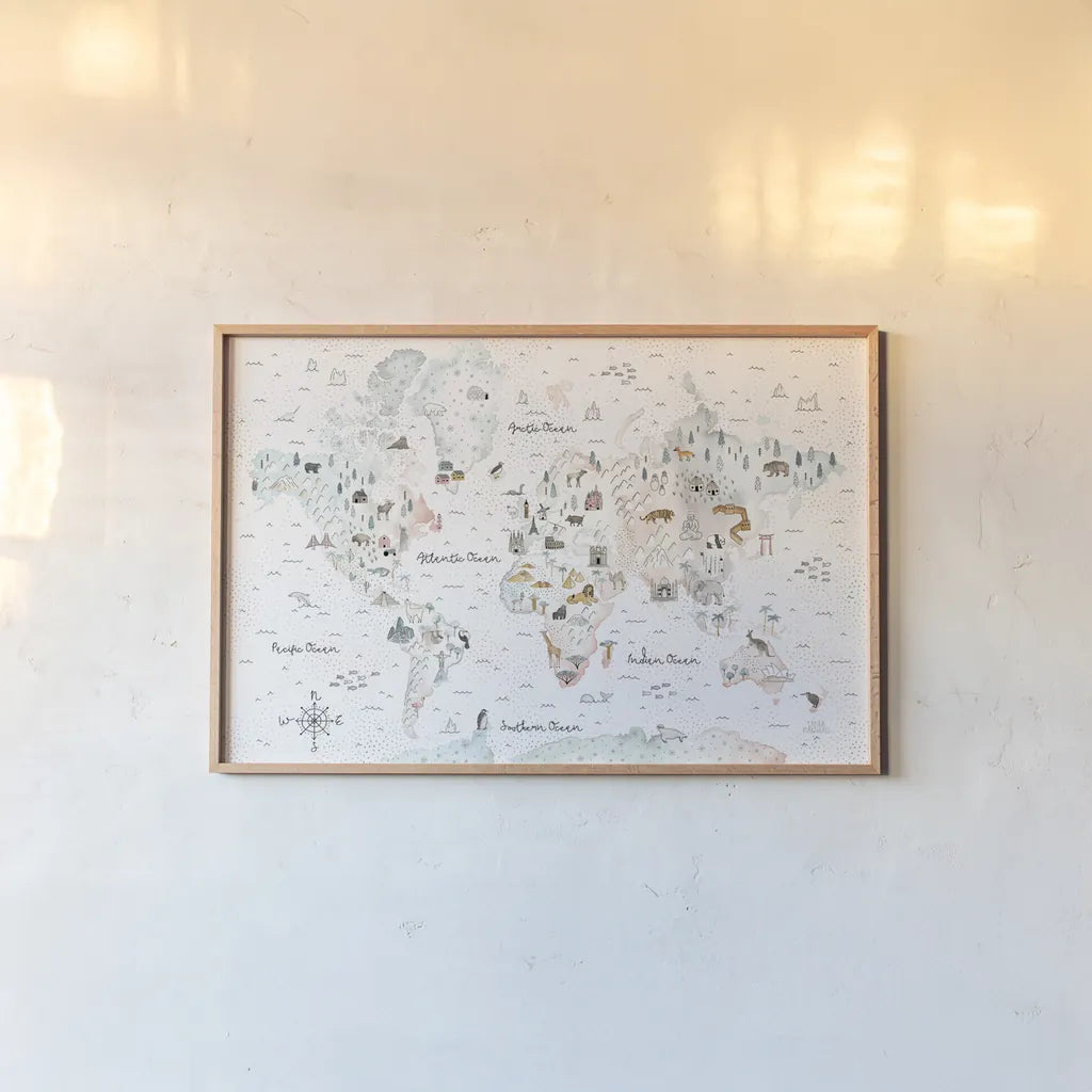 World Traveler I Dot BG by Laura Marshall. shown as a paper print in a natural frame. Available as a archival giclee rolled canvas, fine art paper, or poster print. SKU 50553i.