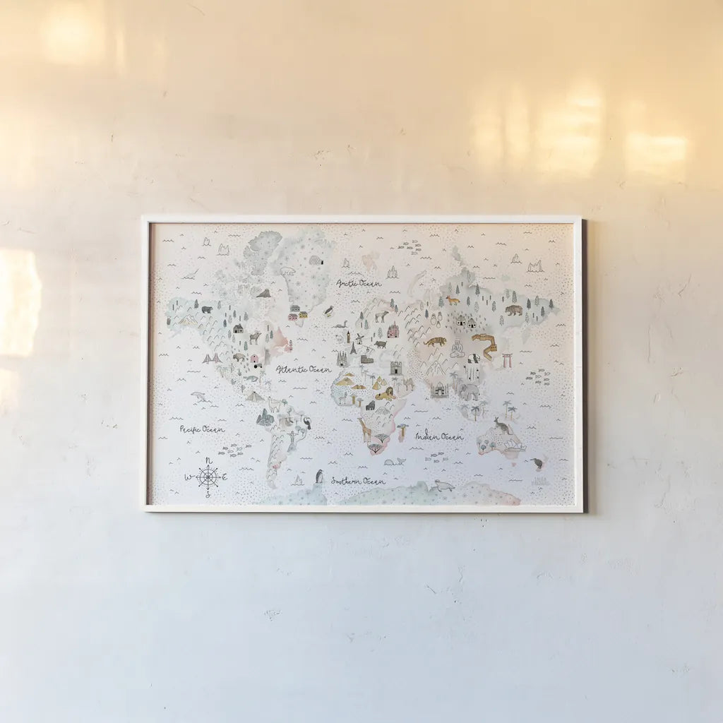 World Traveler I Dot BG by Laura Marshall. shown as a paper print in a white frame. Available as a archival giclee rolled canvas, fine art paper, or poster print. SKU 50553i.