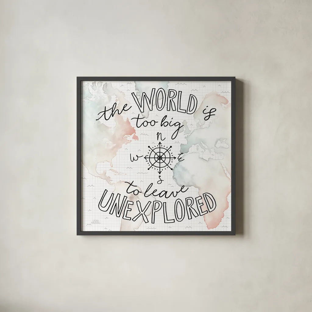 World Traveler II by Laura Marshall. Shown in a sleek black glass frame for a contemporary gallery look. Available as an archival giclee rolled canvas, fine art paper, or poster print. SKU 45641a.