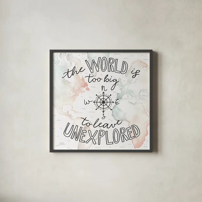World Traveler II by Laura Marshall. Shown in a sleek black glass frame for a contemporary gallery look. Available as an archival giclee rolled canvas, fine art paper, or poster print. SKU 45641a.