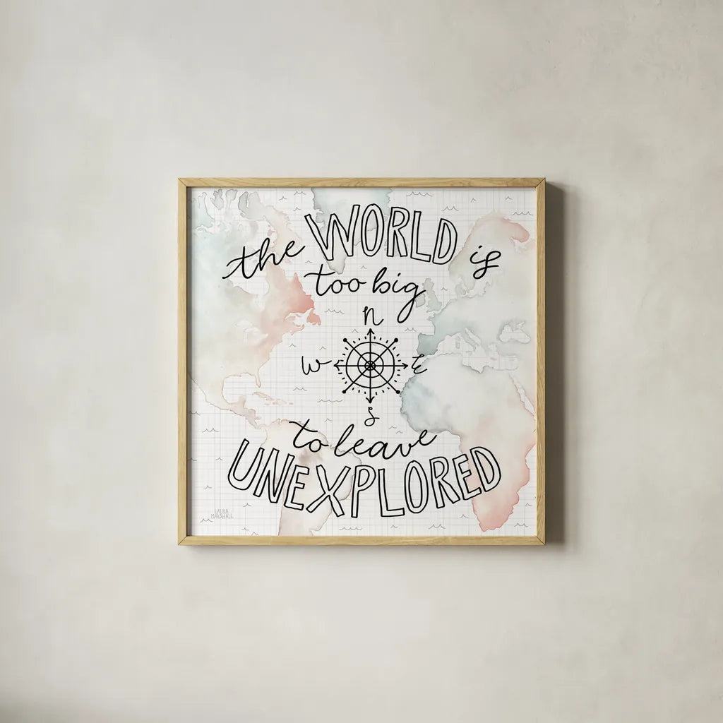 World Traveler II by Laura Marshall. Shown in a natural wood glass frame for a timeless modern aesthetic. Available as an archival giclee rolled canvas, fine art paper, or poster print. SKU 45641a.