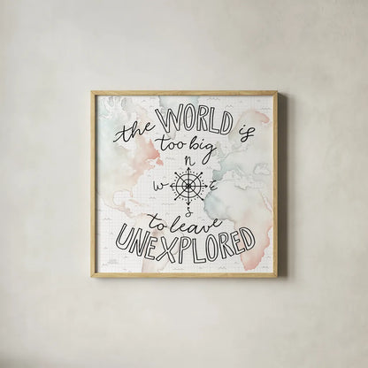 World Traveler II by Laura Marshall. Shown in a natural wood glass frame for a timeless modern aesthetic. Available as an archival giclee rolled canvas, fine art paper, or poster print. SKU 45641a.