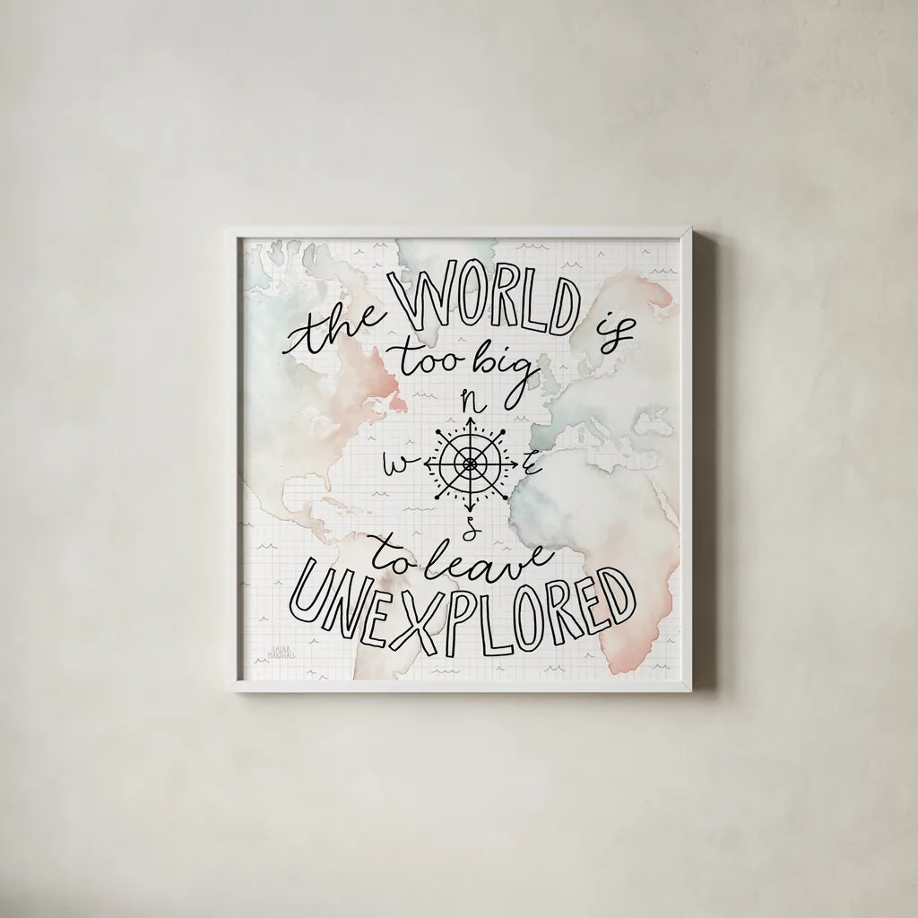 World Traveler II by Laura Marshall. Shown in a crisp white glass frame for a clean and minimalist style. Available as an archival giclee rolled canvas, fine art paper, or poster print. SKU 45641a.
