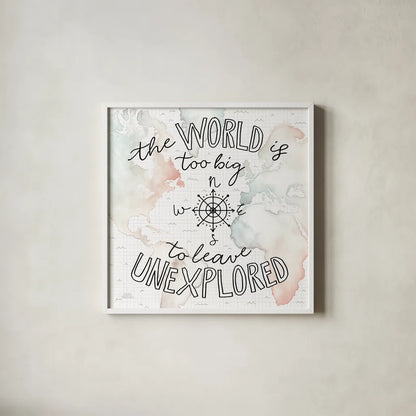 World Traveler II by Laura Marshall. Shown in a crisp white glass frame for a clean and minimalist style. Available as an archival giclee rolled canvas, fine art paper, or poster print. SKU 45641a.