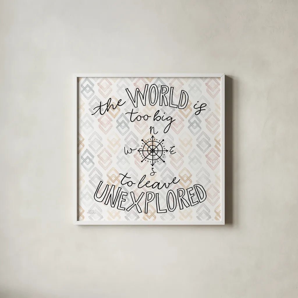 World Traveler II Diamond by Laura Marshall. Shown in a crisp white glass frame for a clean and minimalist style. Available as an archival giclee rolled canvas, fine art paper, or poster print. SKU 50554a.