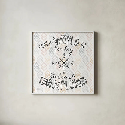 World Traveler II Diamond by Laura Marshall. Shown in a crisp white glass frame for a clean and minimalist style. Available as an archival giclee rolled canvas, fine art paper, or poster print. SKU 50554a.