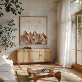 Written in the Stars II on White by Laura Marshall. Shown in a natural wood frame in a cozy modern living room. Available as an archival giclee rolled canvas, fine art paper, or poster print. SKU 22861a.