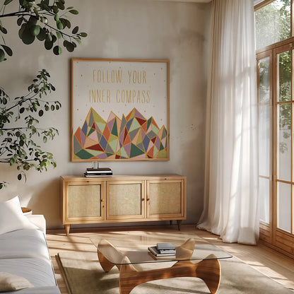 Written in the Stars III on White by Laura Marshall. Shown in a natural wood frame in a cozy modern living room. Available as an archival giclee rolled canvas, fine art paper, or poster print. SKU 22862a.