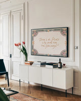 Yuletide Greetings I by Laura Marshall. shown as a framed stretched canvas in a living room above a console. Available as a archival giclee rolled canvas, fine art paper, or poster print. SKU 103429i.
