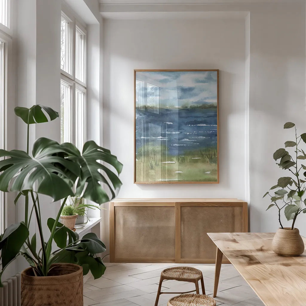 Across the Cape by Leslie Trimbach. shown as a print in a natural wood frame in a dining room. Available as a archival giclee rolled canvas, fine art paper, or poster print. SKU 86623h.