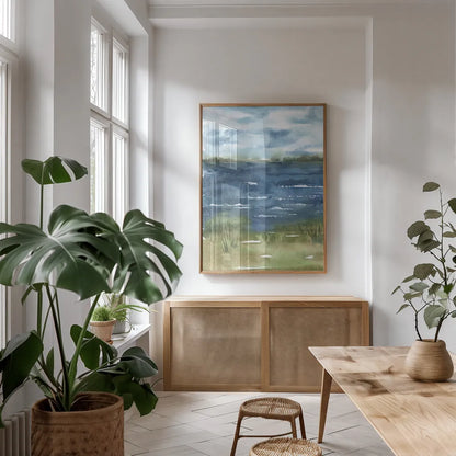 Across the Cape by Leslie Trimbach. shown as a print in a natural wood frame in a dining room. Available as a archival giclee rolled canvas, fine art paper, or poster print. SKU 86623h.