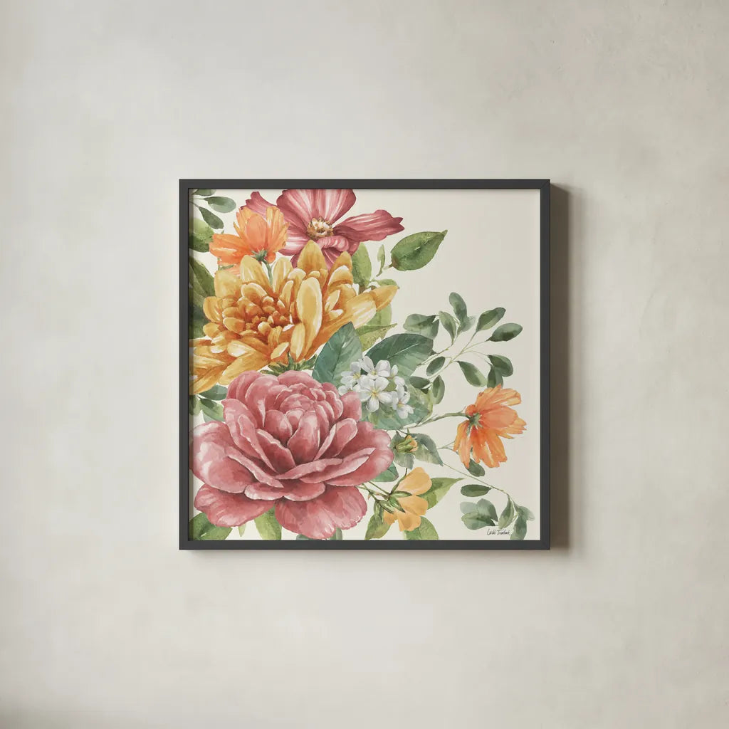 Amber Blossoms I by Leslie Trimbach. Shown in a sleek black glass frame for a contemporary gallery look. Available as an archival giclee rolled canvas, fine art paper, or poster print. SKU 99300a.