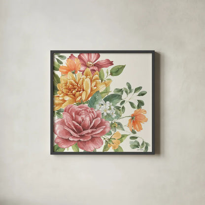 Amber Blossoms I by Leslie Trimbach. Shown in a sleek black glass frame for a contemporary gallery look. Available as an archival giclee rolled canvas, fine art paper, or poster print. SKU 99300a.
