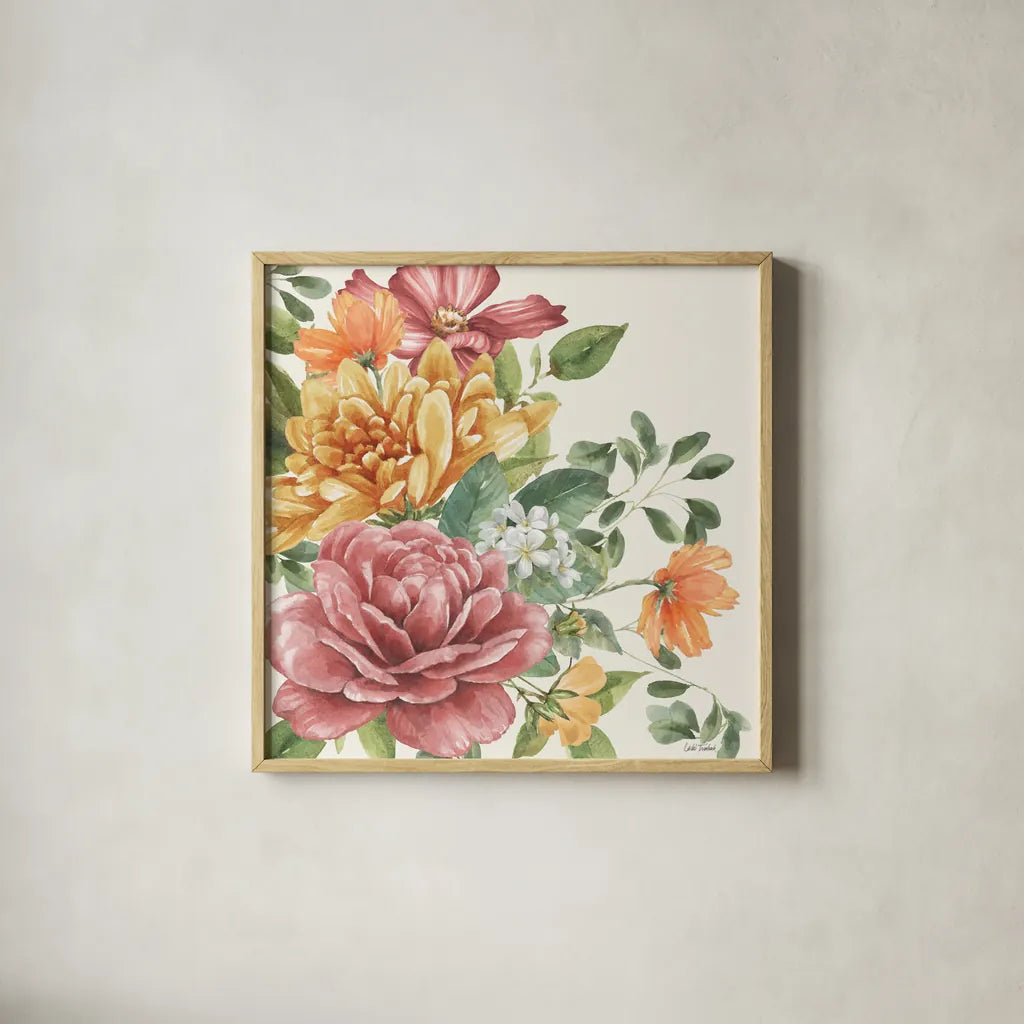 Amber Blossoms I by Leslie Trimbach. Shown in a natural wood glass frame for a timeless modern aesthetic. Available as an archival giclee rolled canvas, fine art paper, or poster print. SKU 99300a.