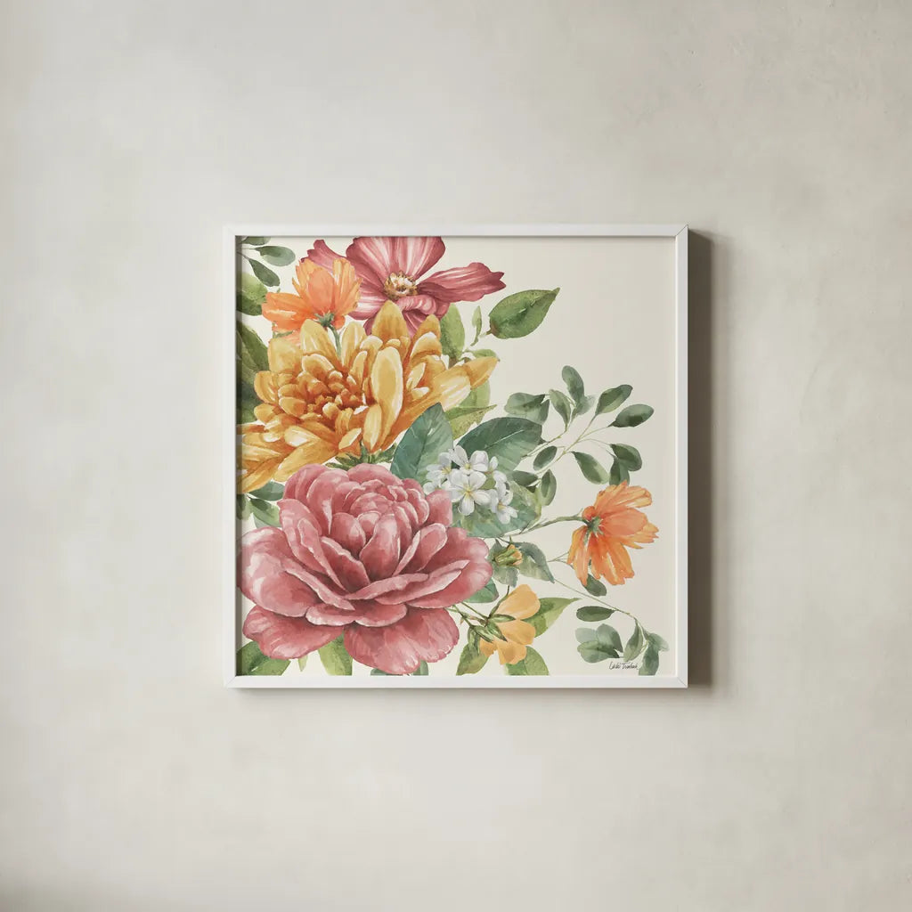 Amber Blossoms I by Leslie Trimbach. Shown in a crisp white glass frame for a clean and minimalist style. Available as an archival giclee rolled canvas, fine art paper, or poster print. SKU 99300a.