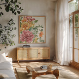Amber Blossoms I by Leslie Trimbach. Shown in a natural wood frame in a cozy modern living room. Available as an archival giclee rolled canvas, fine art paper, or poster print. SKU 99300a.