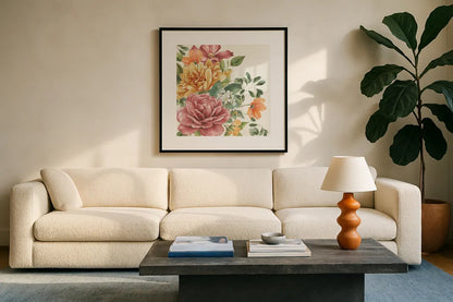 Amber Blossoms I by Leslie Trimbach. Displayed in a glass frame with matte in a clean modern living room. Available as an archival giclee rolled canvas, fine art paper, or poster print. SKU 99300a.
