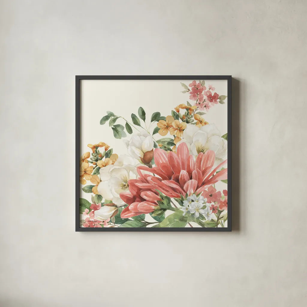 Amber Blossoms II by Leslie Trimbach. Shown in a sleek black glass frame for a contemporary gallery look. Available as an archival giclee rolled canvas, fine art paper, or poster print. SKU 99301a.