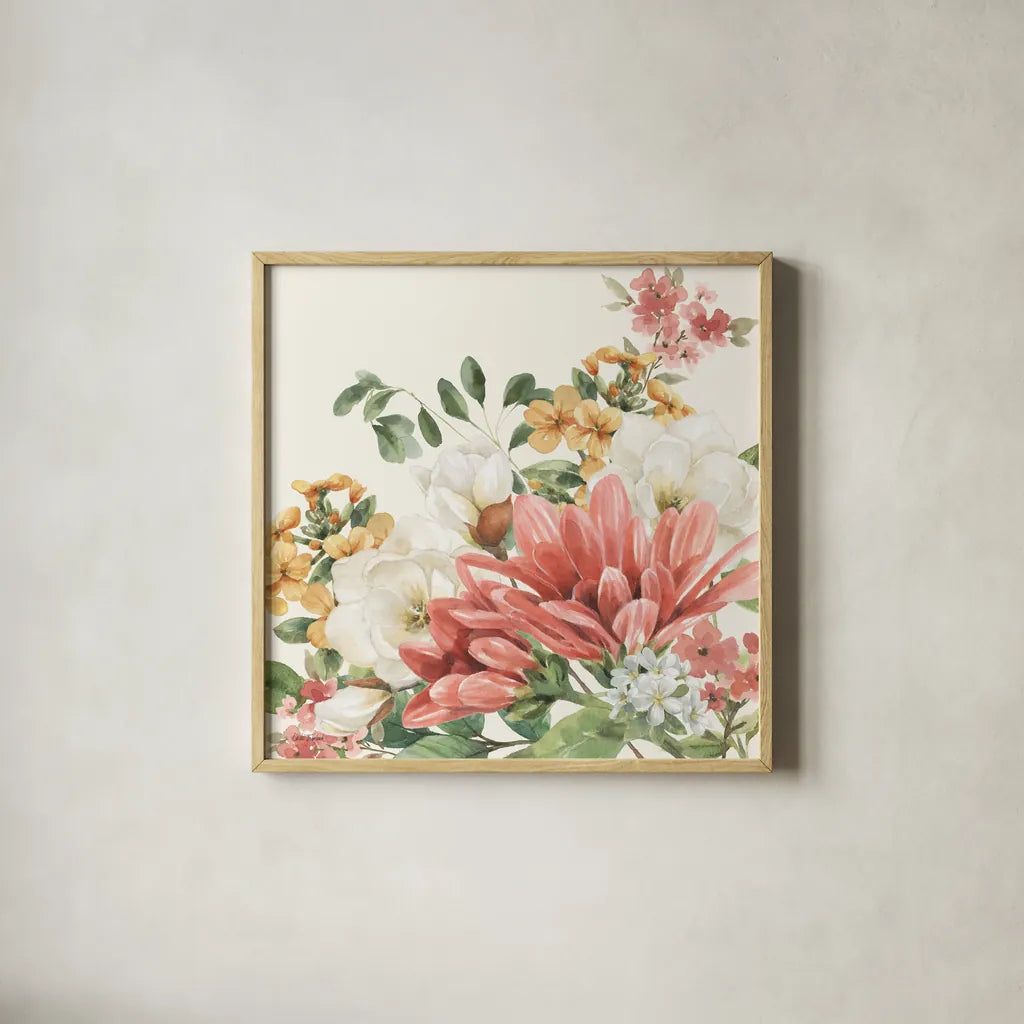 Amber Blossoms II by Leslie Trimbach. Shown in a natural wood glass frame for a timeless modern aesthetic. Available as an archival giclee rolled canvas, fine art paper, or poster print. SKU 99301a.