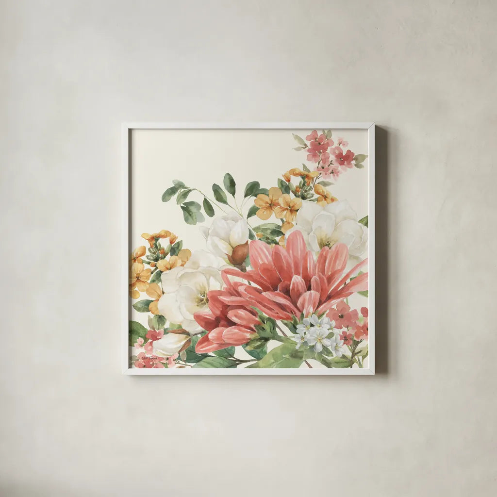 Amber Blossoms II by Leslie Trimbach. Shown in a crisp white glass frame for a clean and minimalist style. Available as an archival giclee rolled canvas, fine art paper, or poster print. SKU 99301a.