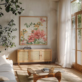 Amber Blossoms II by Leslie Trimbach. Shown in a natural wood frame in a cozy modern living room. Available as an archival giclee rolled canvas, fine art paper, or poster print. SKU 99301a.