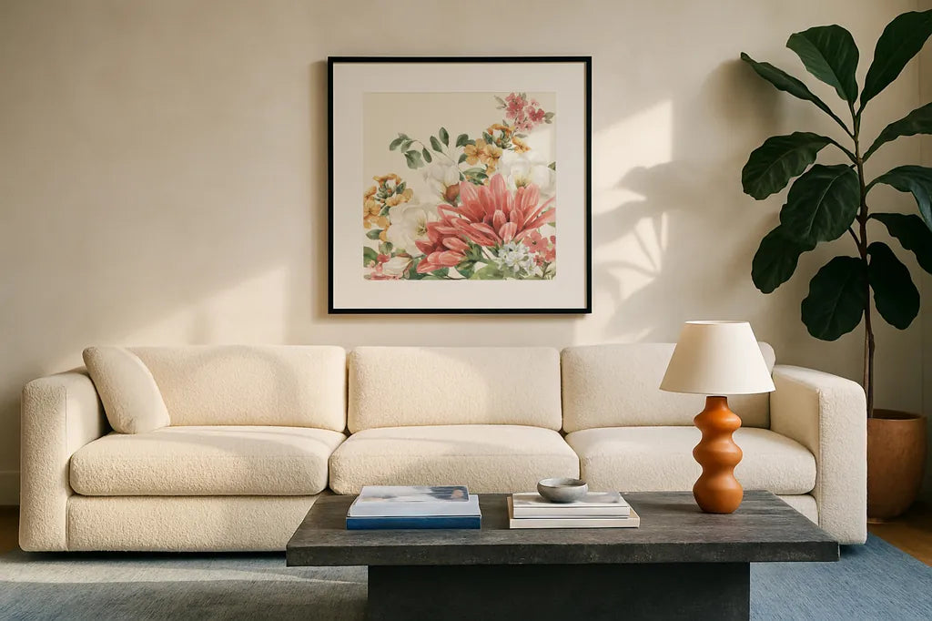 Amber Blossoms II by Leslie Trimbach. Displayed in a glass frame with matte in a clean modern living room. Available as an archival giclee rolled canvas, fine art paper, or poster print. SKU 99301a.