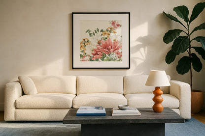Amber Blossoms II by Leslie Trimbach. Displayed in a glass frame with matte in a clean modern living room. Available as an archival giclee rolled canvas, fine art paper, or poster print. SKU 99301a.