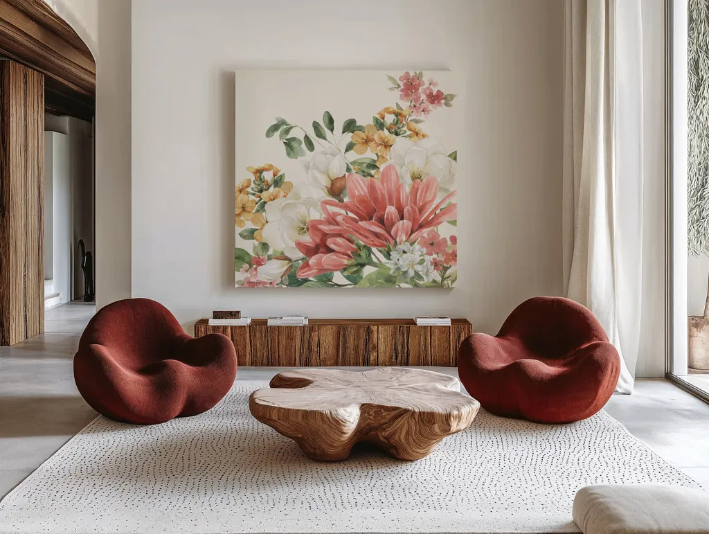 Amber Blossoms II by Leslie Trimbach. Shown as extra-large giant wall art in a modern living room. Available as an archival giclee rolled canvas, fine art paper, or poster print. SKU 99301a.