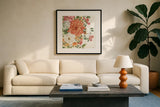 Amber Blossoms III by Leslie Trimbach. Displayed in a glass frame with matte in a clean modern living room. Available as an archival giclee rolled canvas, fine art paper, or poster print. SKU 99302a.
