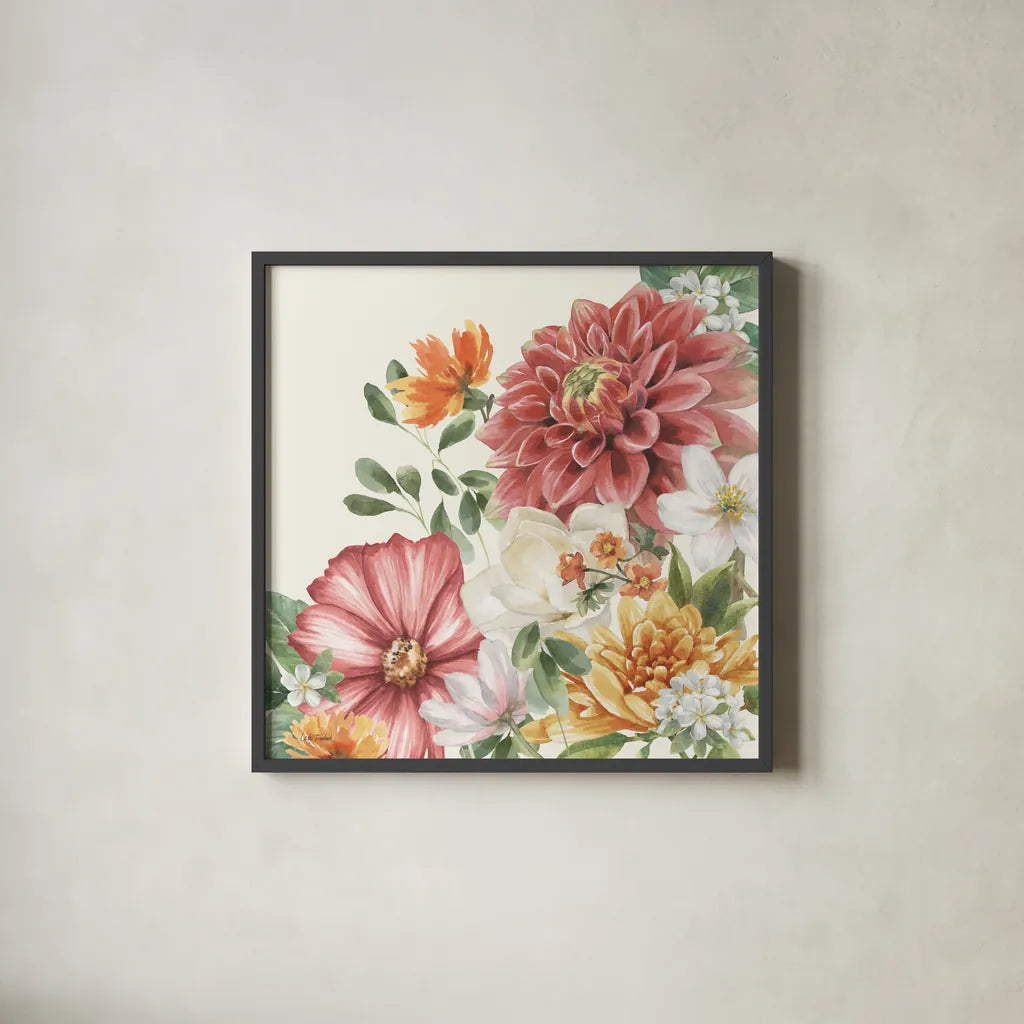 Amber Blossoms IV by Leslie Trimbach. Shown in a sleek black glass frame for a contemporary gallery look. Available as an archival giclee rolled canvas, fine art paper, or poster print. SKU 99303a.
