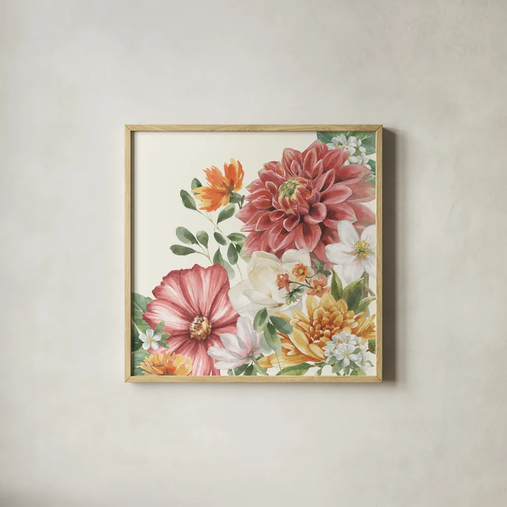 Amber Blossoms IV by Leslie Trimbach. Shown in a natural wood glass frame for a timeless modern aesthetic. Available as an archival giclee rolled canvas, fine art paper, or poster print. SKU 99303a.